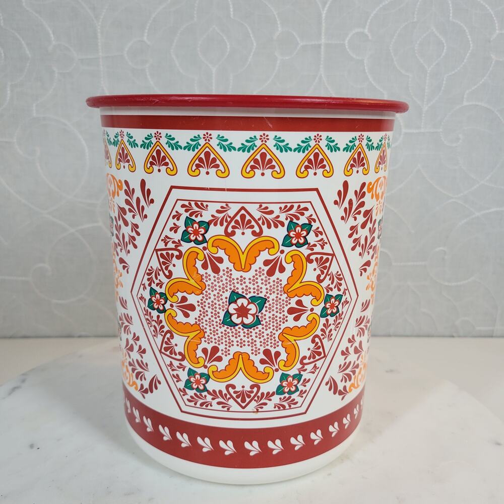 VINTGE Tupperware One Touch Canister Red Lidded Orange Rosemaling Tole Red 90s